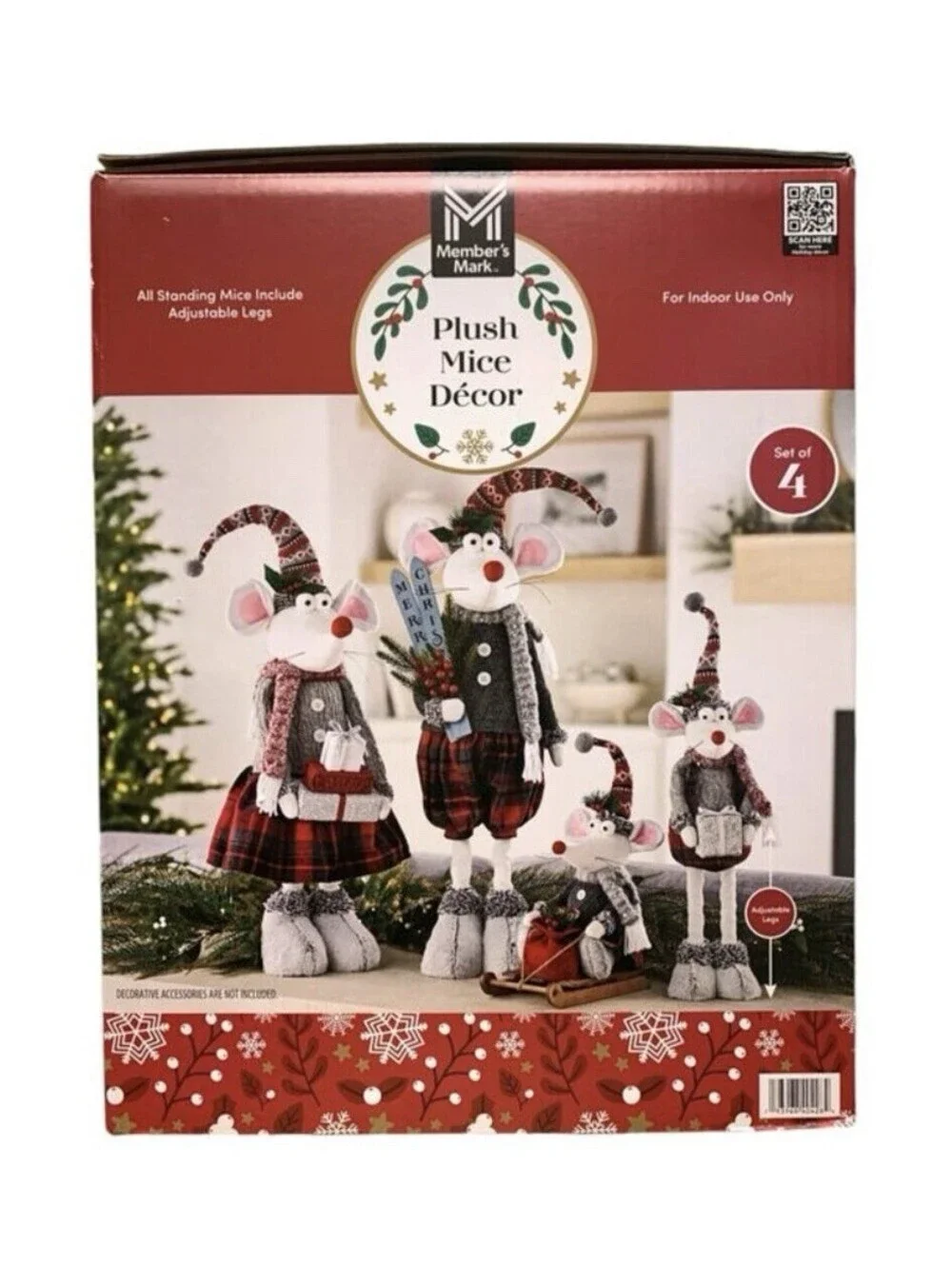 Member’s Mark Plush Mice Christmas Decor Set of 4 Adjustable Legs Holiday